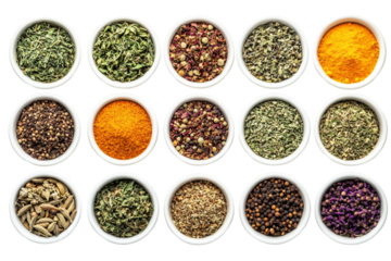 Bowls of different dried herbs and spices isolated on a transparent background, PNG file