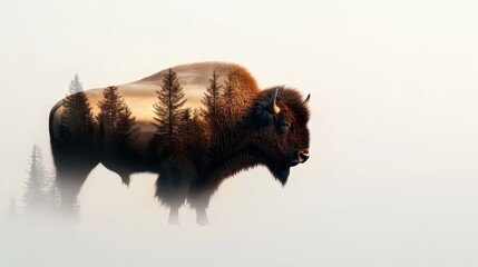 Ethereal double exposure featuring a bison enveloped with an embedded forest scene, shrouded in mist, conveying themes of mystery, coexistence, and introspection.