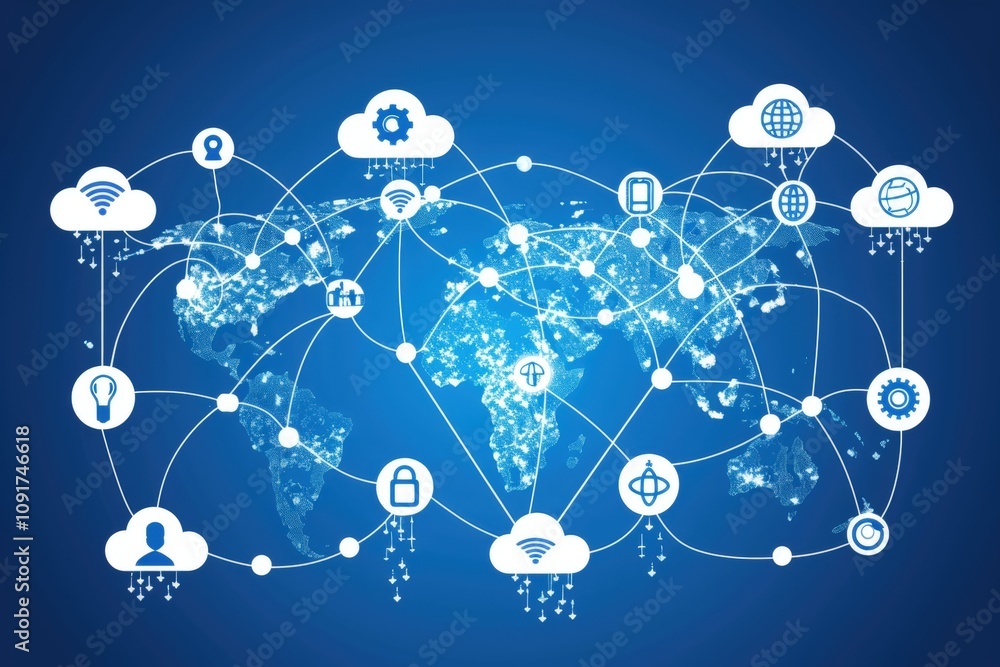 Poster a digital illustration showing a global network with cloud computing symbols, interconnected by line