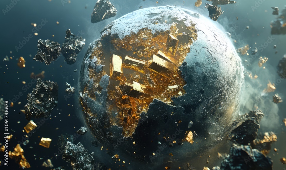 Sticker an earth made entirely of crystal structures with embedded gold bars breaking free