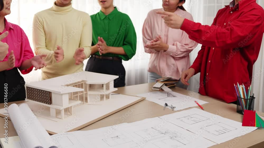 Poster slow motion home designer using architectural equipment draw a blueprint while interior designer sel