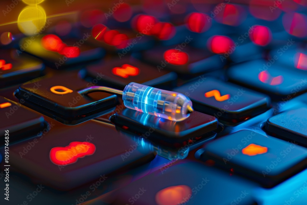 Poster a luminous microchip rests on a backlit computer keyboard, casting reflections of vibrant colors. th