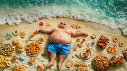 A fat man lies on the beach with food surrounding him.
