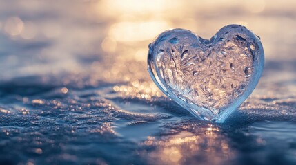 Fototapeta premium A translucent ice heart, glistening with droplets of melting water, resting on a frosty textured surface. Subtle reflections highlight the icy edges, evoking a serene and wintry charm.
