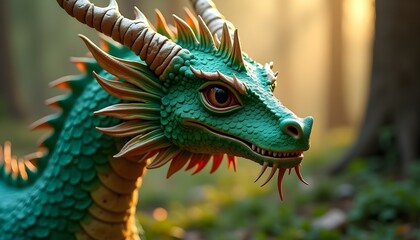 Obraz premium Fantasy Dragon Mythological Green Reptile with Horns Lizard Features Mystique of Dinosaurs and Mythology