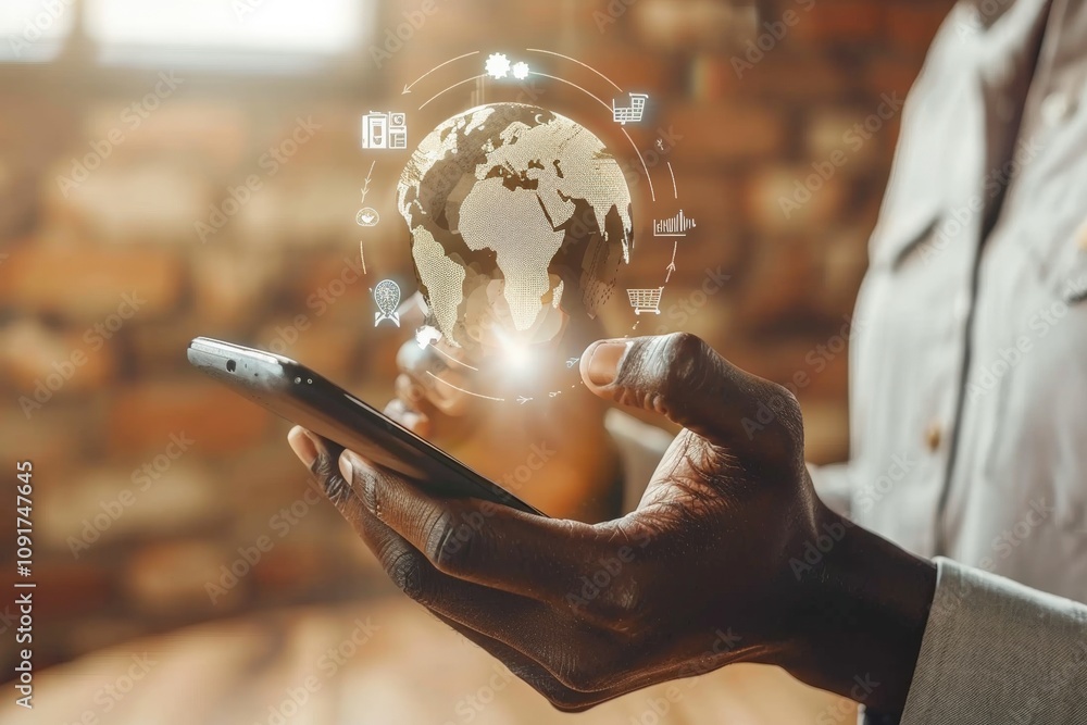 Poster a person holds a smartphone displaying a holographic globe, symbolizing global connectivity and tech