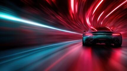 A high-performance sports car navigates a tunnel filled with vibrant red and blue light trails, creating a visually striking representation of speed and technology.