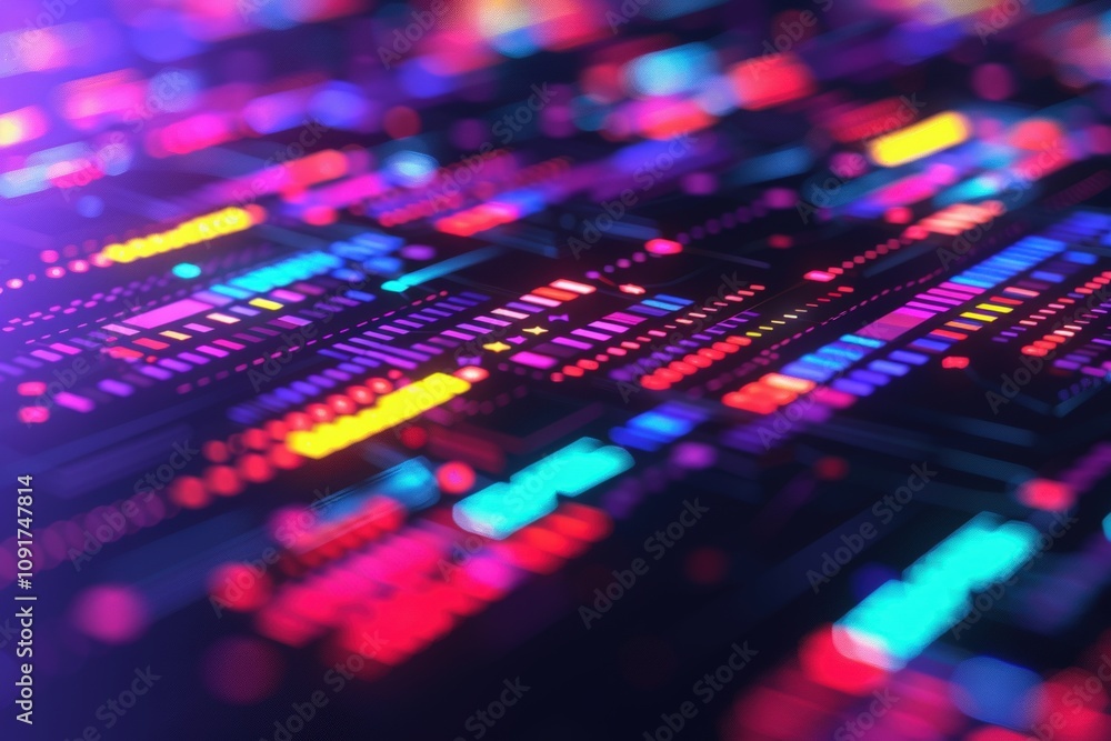 Poster a vibrant, abstract image showcasing colorful lines and patterns against a dark background, evoking 