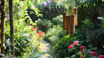 Obraz premium Tranquil Garden Retreat with Bamboo Wind Chime and Blooming Flowers