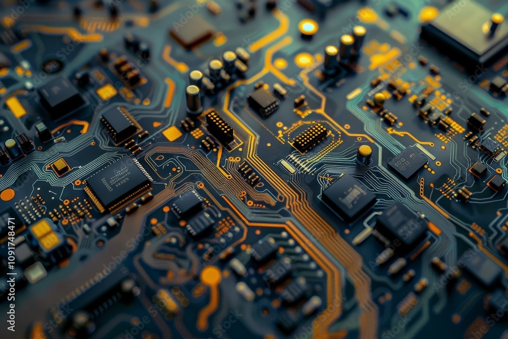 Aufkleber a detailed view of a circuit board illuminated by soft lighting, revealing intricate pathways and co