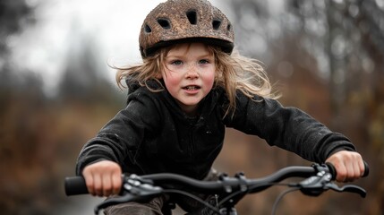 Obraz premium A determined child rides a bike through a wilderness setting, captured mid-motion, illustrating resilience and determination amidst nature's rugged backdrop.
