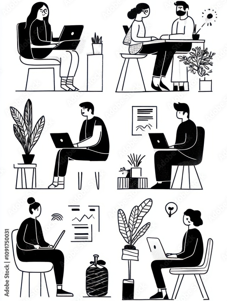 Aufkleber linear vector illustration set of isolated people with computers at workplace virtual video conferen