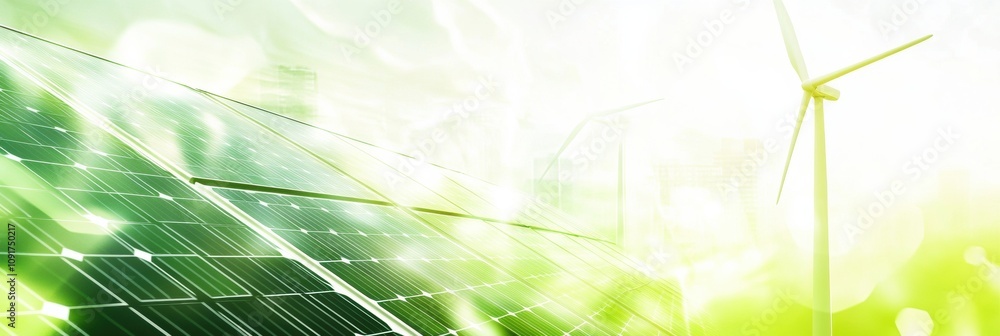 Aufkleber solar panels and wind turbines generate renewable energy against a minimalistic background featuring
