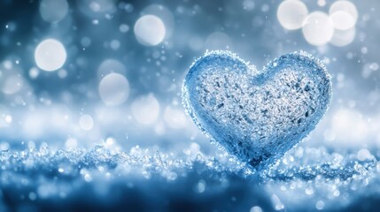 Fototapeta premium An elegant ice heart with frosted texture and shimmering water droplets, resting on a snowy surface. The image captures the delicate icy details and creates a serene, wintry atmosphere.