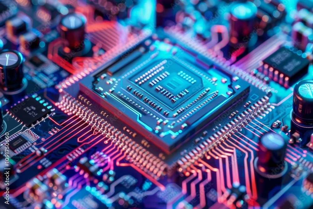 Poster this close-up showcases a microprocessor nestled on a colorful printed circuit board, featuring intr
