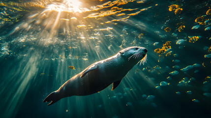 Obraz premium Underwater Adventure: An Adorable Sea Otter Diving for Food in a Sunlit Seascape