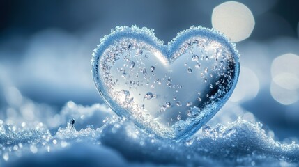 Fototapeta premium An elegant ice heart with frosted texture and shimmering water droplets, resting on a snowy surface. The image captures the delicate icy details and creates a serene, wintry atmosphere.