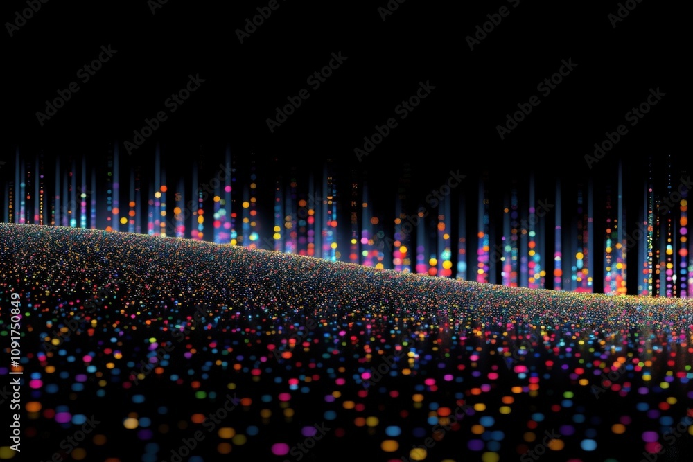 Poster a vibrant, abstract landscape featuring colorful dots and vertical lines against a dark background, 