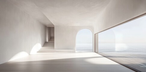 Fototapeta premium Rendering of a Modern Empty Room with Panoramic Sea View for Real Estate or Interior Design Generative AI