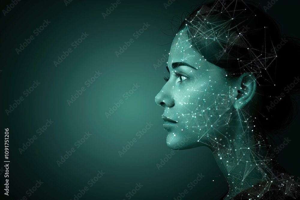 Poster a digital portrait of a woman with a green, abstract background, featuring intricate patterns sugges