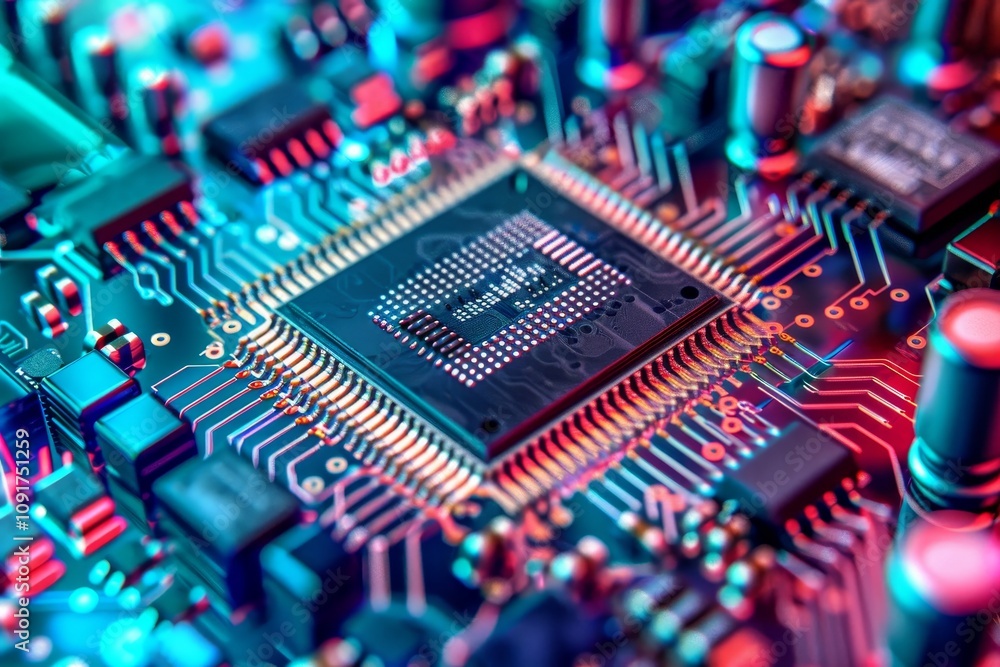 Poster a detailed view displays a microprocessor surrounded by colorful circuit elements on a circuit board