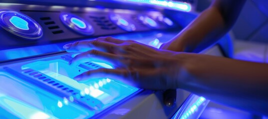 Obraz premium Modern Solarium Control with Ambient Blue UV Light for Relaxing and Innovative Spa Experience