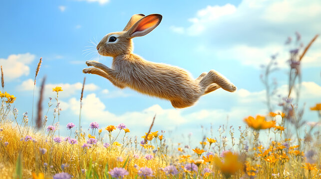 A Majestic Springhare in the Heart of a Vibrant Savannah Landscape Under a Bright Blue Sky