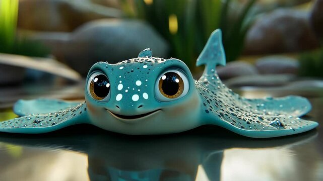 Adorable animated stingray rests on a smooth surface near aquatic plants