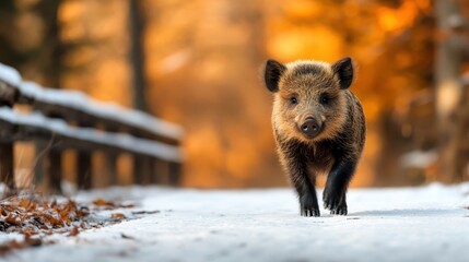 Obraz premium A young wild boar explores a snowy path in a forest during autumn, with the pathway lined with snow and autumn leaves, creating a captivating view.
