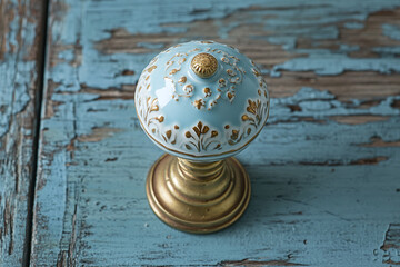 A vintage porcelain doorknob on cerulean wooden surface.