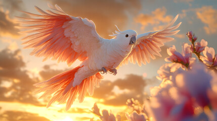 Breathtaking Flight of a Palm Cockatoo Against a Vibrant Sunset Sky Surrounded by Tropical Flora