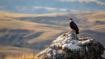 A Solitary Crested Caracara Standing Proudly on a Scenic Rocky Outcrop