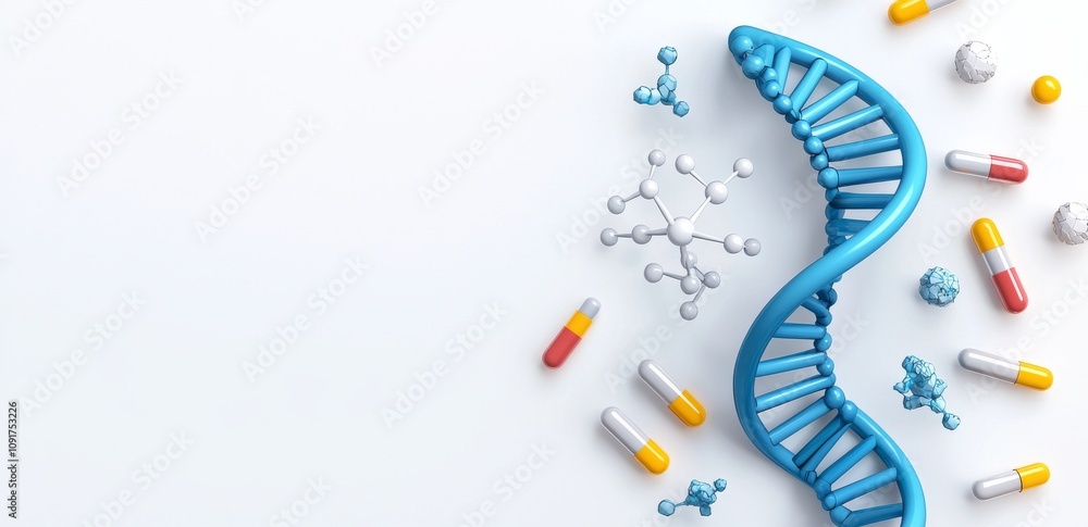 Poster a 3d depiction of the dna helix. examining mutations under a microscope. deciphering the genome. vir