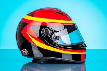 Fototapeta premium Racing helmet with bold burgundy and yellow design on a reflective surface for high-end appeal