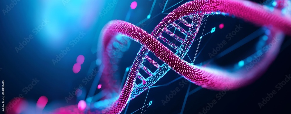 Aufkleber a double helix of dna amidst digital data points and ai icons.