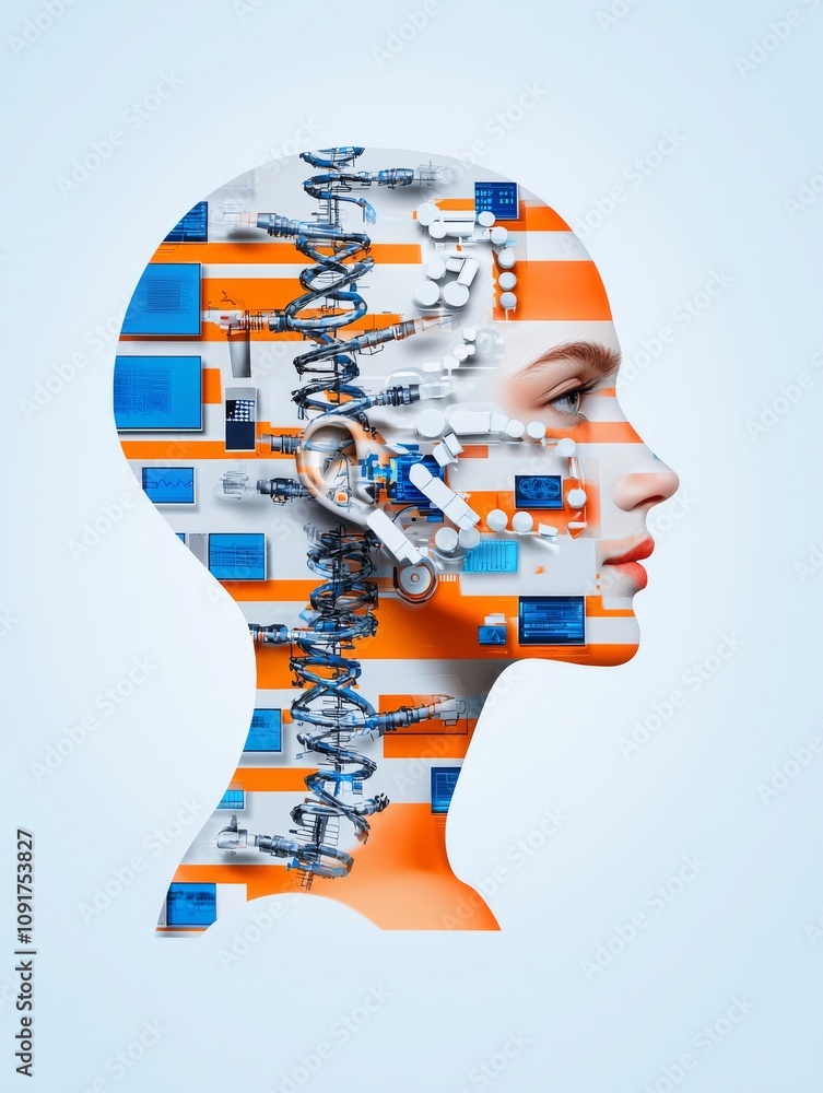 Poster a double exposure effect for a genomics and bioinformatics lab, representing the progress and discov