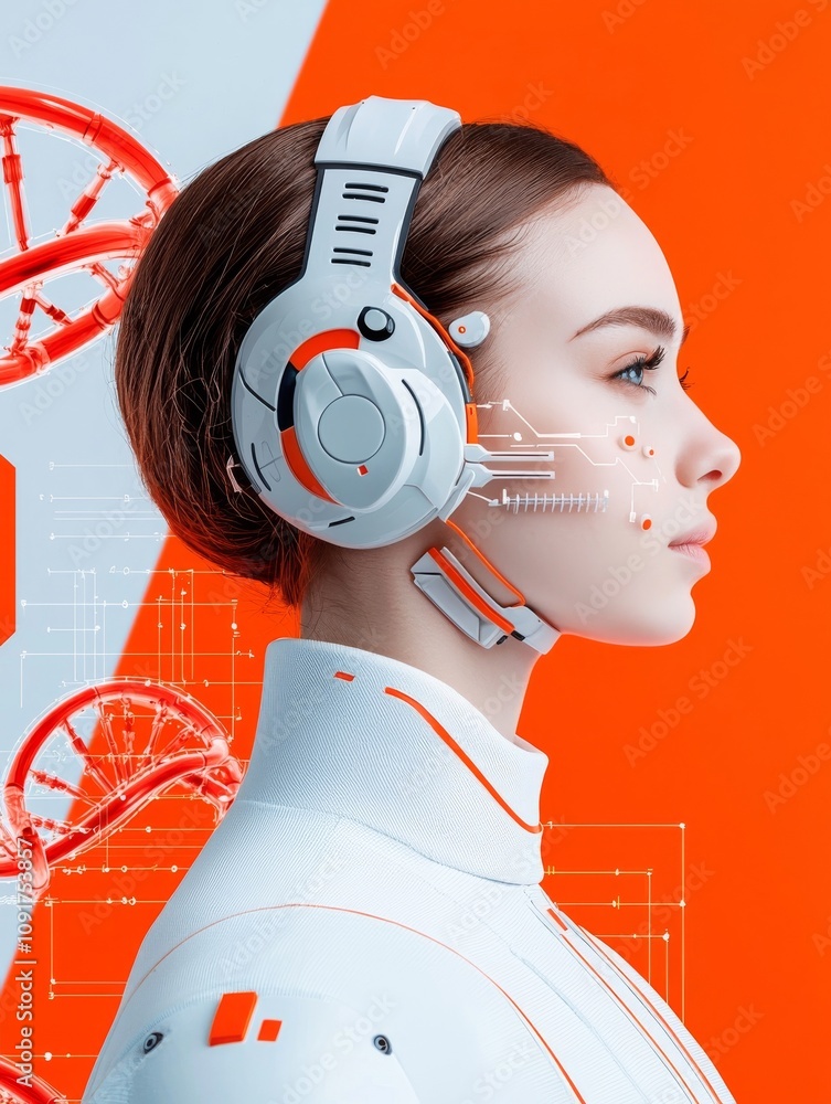 Poster a genomics and bioinformatics laboratory depicted with a double exposure effect, symbolizing the adv