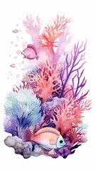 Fototapeta premium Whimsical Watercolor Coral Reef with Fish on White Background for Underwater Scene Illustrations Generative AI