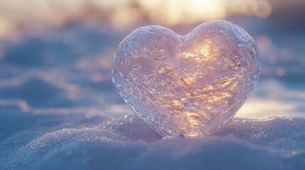 Fototapeta premium A textured ice heart with semi-transparent layers, glistening water droplets, and a frosty finish. Resting on soft snow, it combines delicate details with a serene and romantic atmosphere.