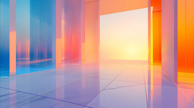 Gradient frosted glass effect virtual background bright blue orange white C4D modeling technology city linear style geometric rectangular embellishmentby J