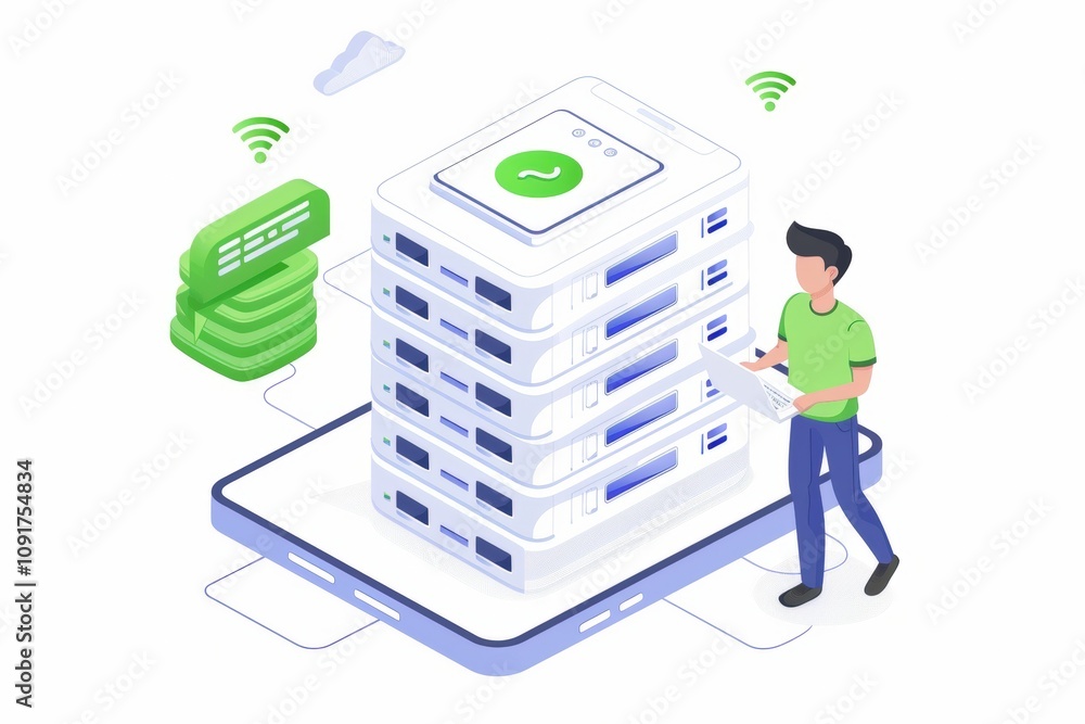 Poster a man stands near a stack of servers, illustrating concepts of data management, cloud computing, and
