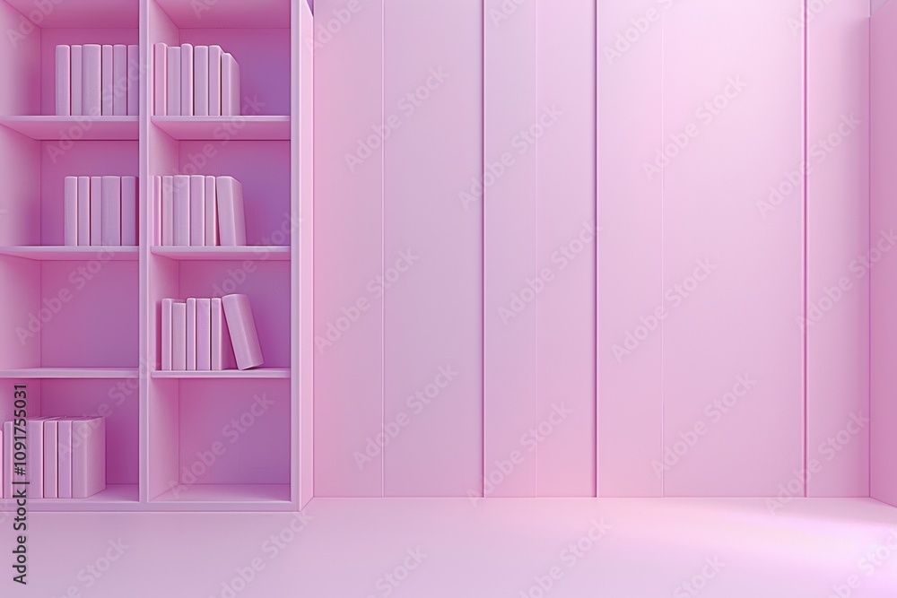 Poster a soft pink interior featuring a minimalist bookshelf filled with books, creating a calm and invitin