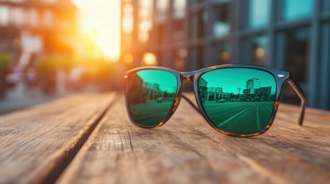 Stylish sunglasses with a reflective coating resting on a wooden surface with a sunny urban background showcasing a clear and vibrant cityscape reflection.