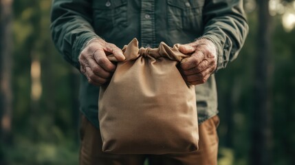 An elderly man with weathered hands holds a simple brown drawstring bag, representing simplicity, nostalgia, and a sense of cherished belongings.