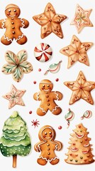 Fototapeta premium Watercolor Christmas Gingerbread Cookies on White Background for Holiday Baking and Decorating Generative AI