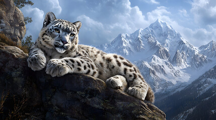 Obraz premium A Snow Leopard Resting Calmly on a Rocky Ledge, Observing Its Breathtaking Snow-Capped Kingdom