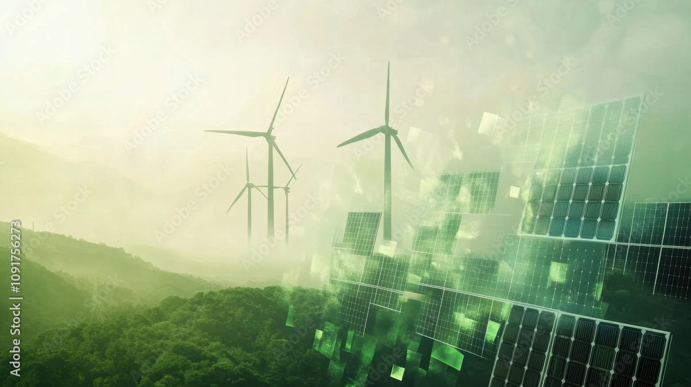 Aufkleber Solar panels and wind turbines showcase sustainable energy solutions set against a minimalistic backdrop adorned with abstract green patterns. Generative AI