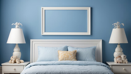  empty white frame on blue child's bedroom wall