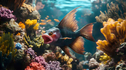 Obraz premium A Whimsical Underwater Scene Featuring the Unique Red-Lipped Batfish in a Lively Coral Reef