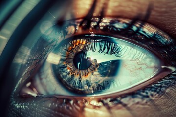 The photograph captures a striking close-up of an eye, revealing the complex texture and vivid hues of the iris, illuminated by bright light in a clinical environment.